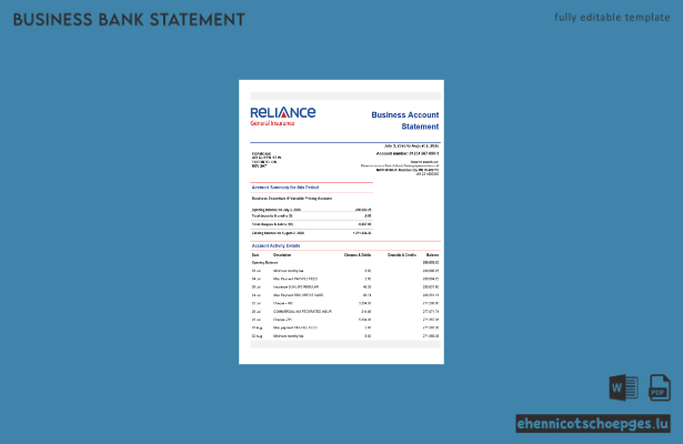 Beispiel eines Kontoauszugs der Reliance General Insurance Company Limited im Word- und PDF-Format (Vorschau)